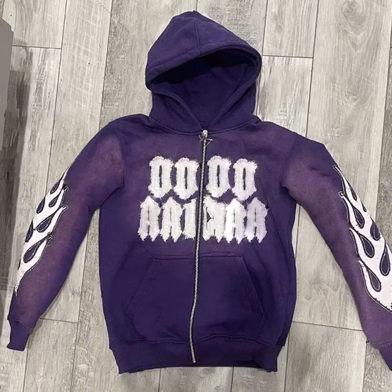 Custom Heavy Weight Rhinestone Hoodie Men Embroidery Patch Full Zip up Hoodie