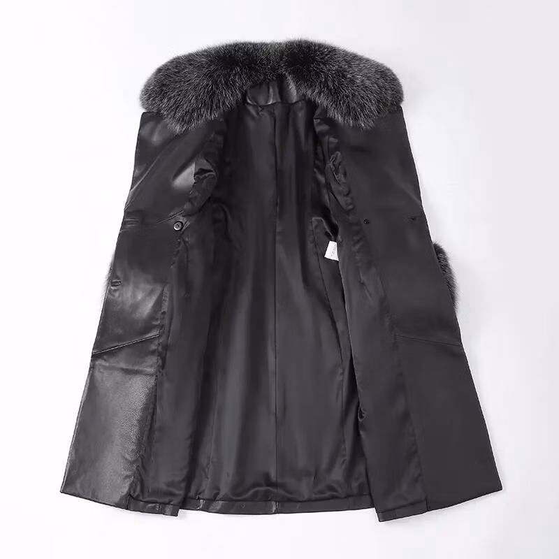 Winter Fox Fur Collar Cuffs Women Long Leather Jacket Black Genuine Sheepskin Trench Leather Fur Coats for Ladies