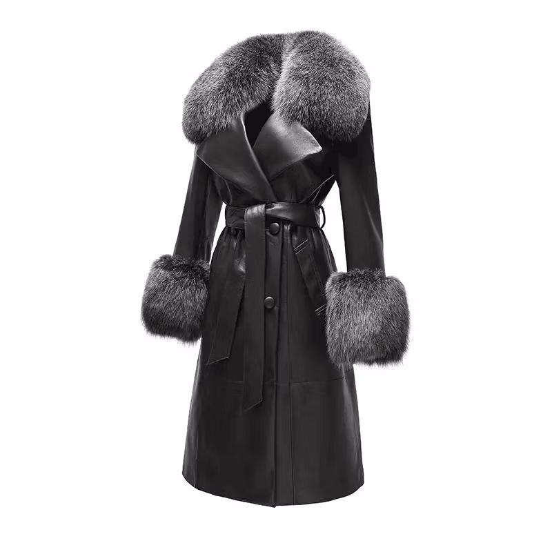 Winter Fox Fur Collar Cuffs Women Long Leather Jacket Black Genuine Sheepskin Trench Leather Fur Coats for Ladies
