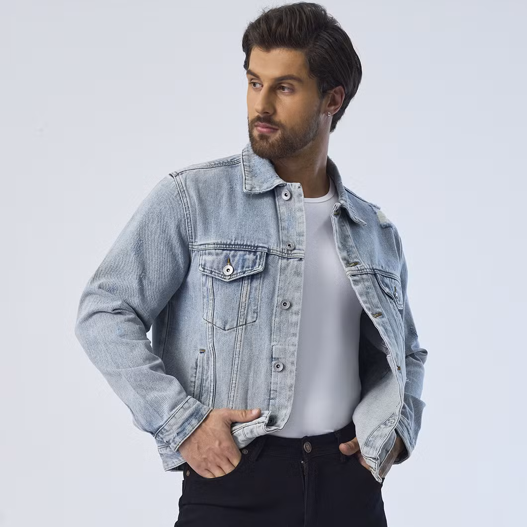 Custom Ripped Design Outerwear Denim Fabric Motorcycle Jeans Jackets for Men