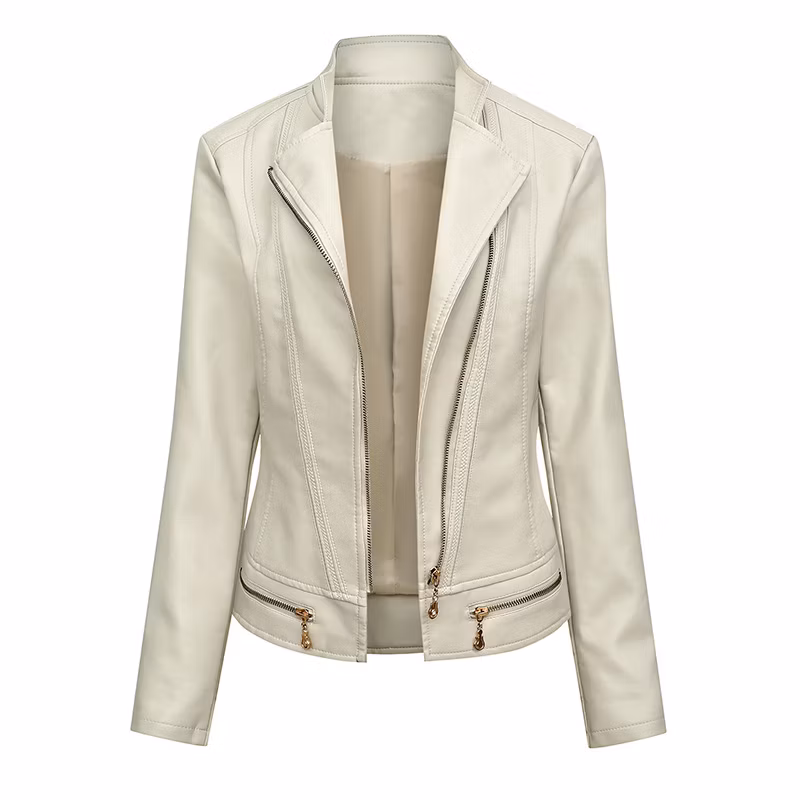 Stand Collar Loose Motorcycle PU Leather Jacket with 210t Thin Lining