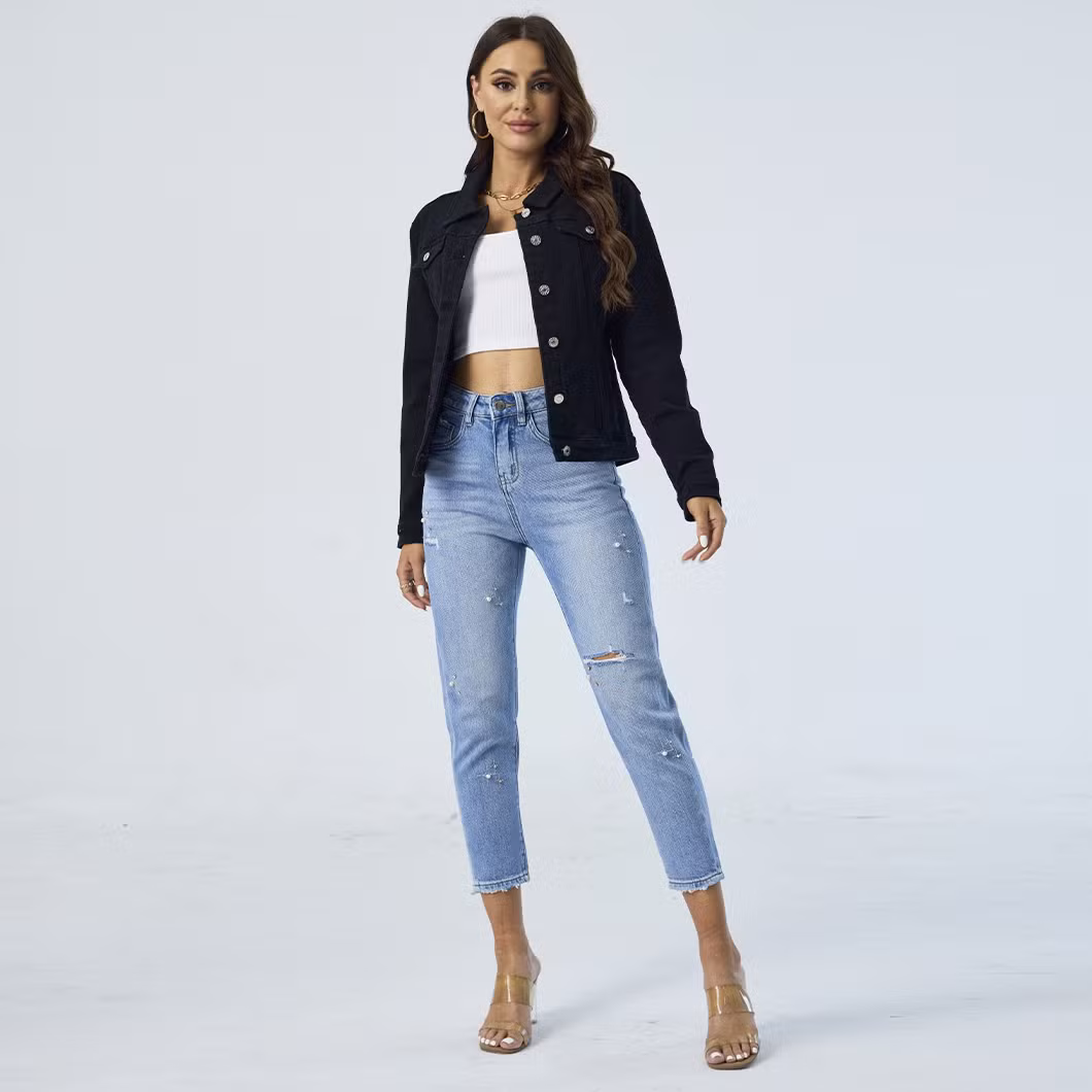 Custom Black Colored Collar Down Long Sleeve Casual Women Denim Jacket