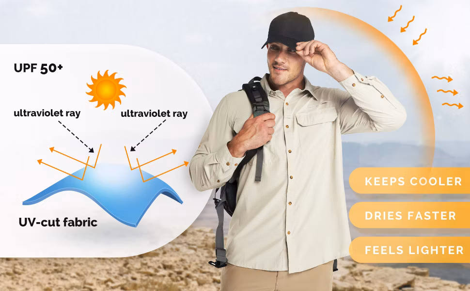 Men&prime;s Long Sleeve Sun Protection Shirt Upf 50+ UV Quick Dry Cooling Fishing Shirts for Travel Safari Camping Hiking