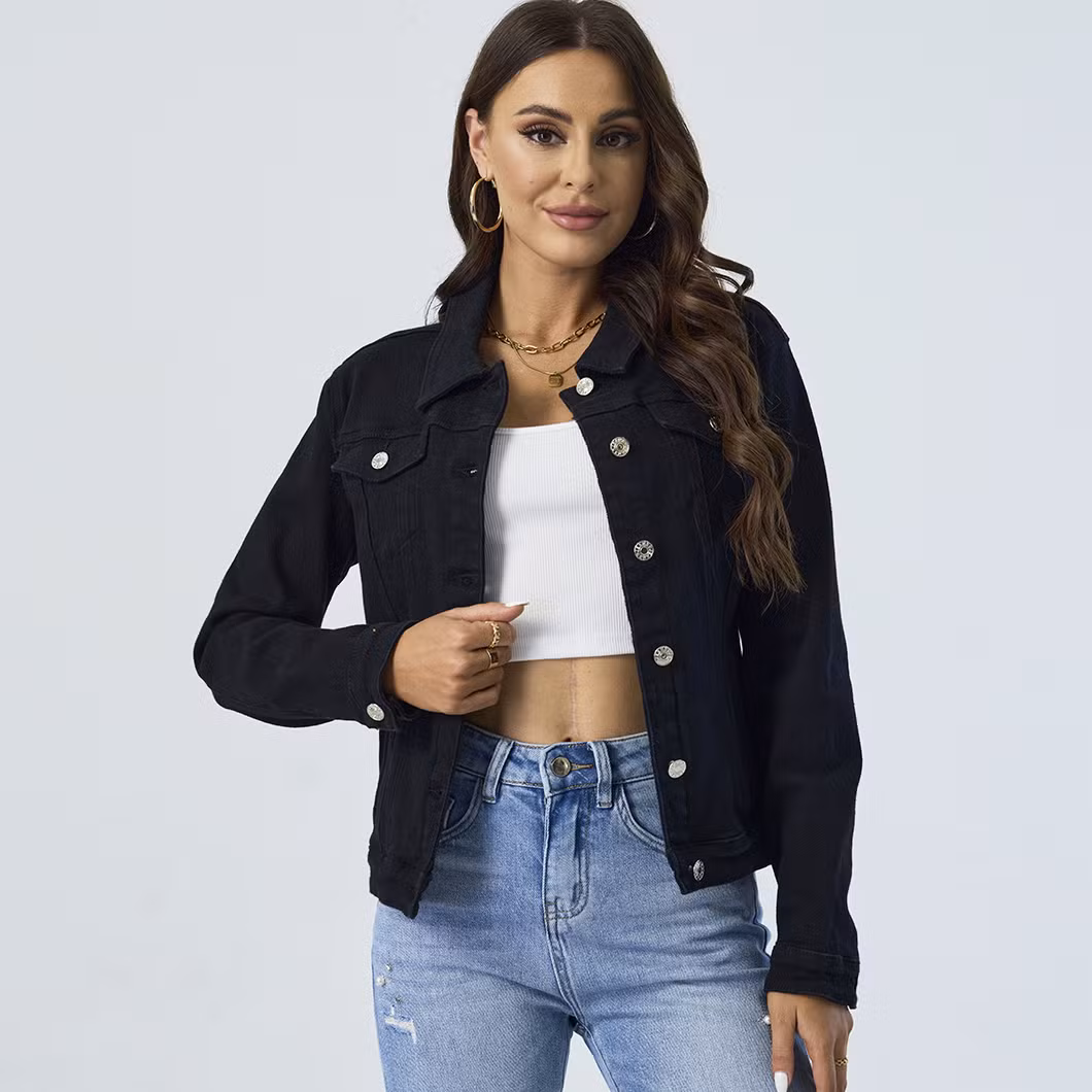 Custom Black Colored Collar Down Long Sleeve Casual Women Denim Jacket