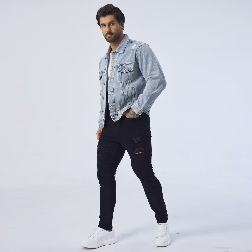 Custom Ripped Design Outerwear Denim Fabric Motorcycle Jeans Jackets for Men