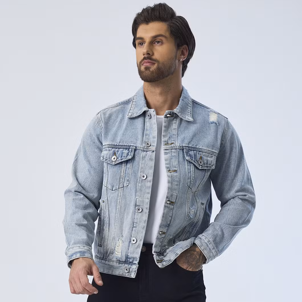 Custom Ripped Design Outerwear Denim Fabric Motorcycle Jeans Jackets for Men