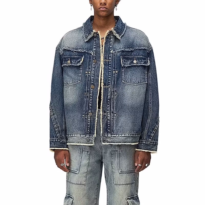Custom Designer Luxury Denim Jackets High Quality with Pockets Distressed Cropped Raw Blue Jean Jacket for Men