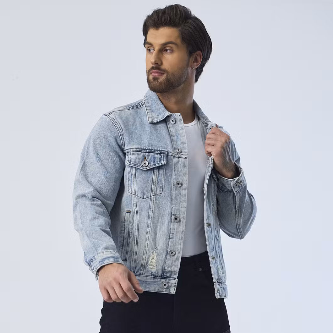 Custom Ripped Design Outerwear Denim Fabric Motorcycle Jeans Jackets for Men