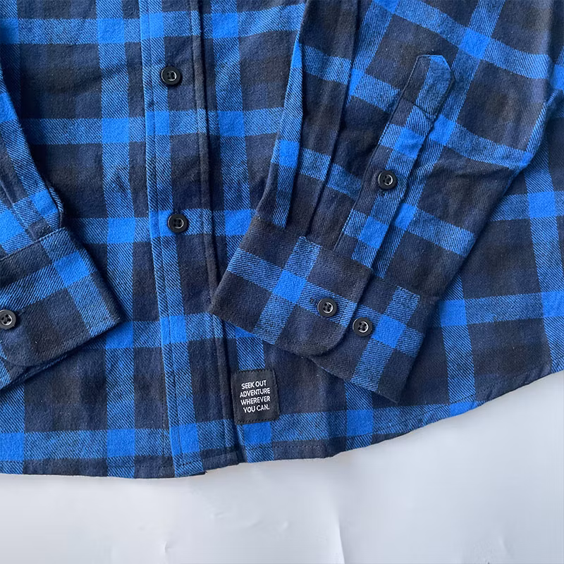 Custom Logo Color Long Sleeve Yarn Dyed Cotton Blue and Black Flannel Plaid Shirt