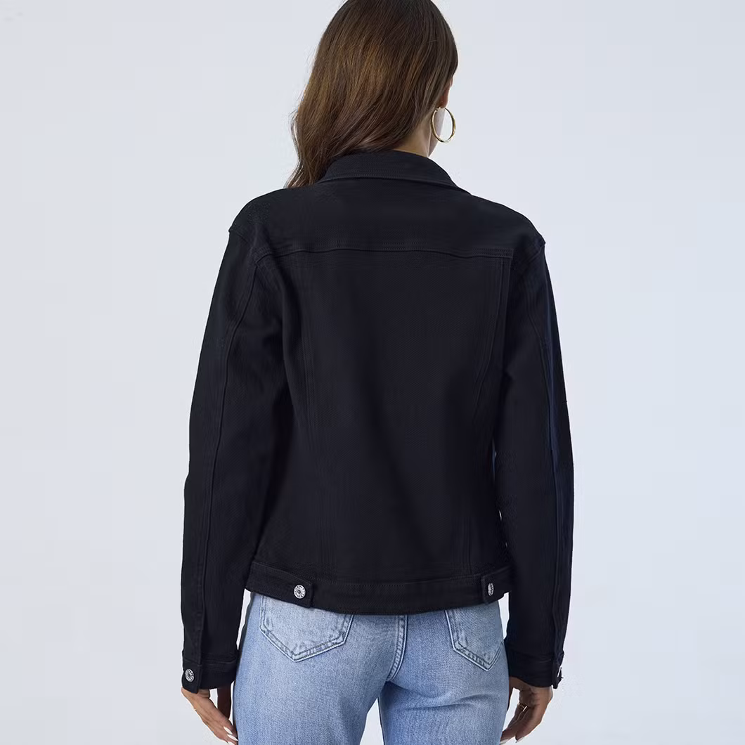 Custom Black Colored Collar Down Long Sleeve Casual Women Denim Jacket