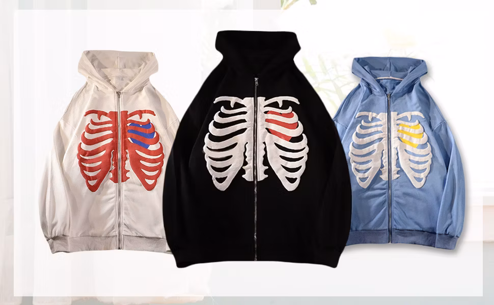 Sweatshirt for Couples Vintage Drawstring Sweat Jacket with Hoodies Custom Skeleton Zip-up Hoodie for Women and Men