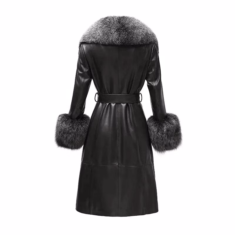Winter Fox Fur Collar Cuffs Women Long Leather Jacket Black Genuine Sheepskin Trench Leather Fur Coats for Ladies