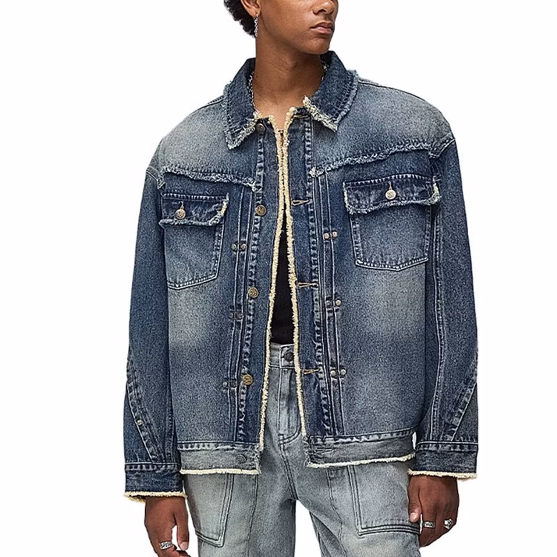 Custom Designer Luxury Denim Jackets High Quality with Pockets Distressed Cropped Raw Blue Jean Jacket for Men