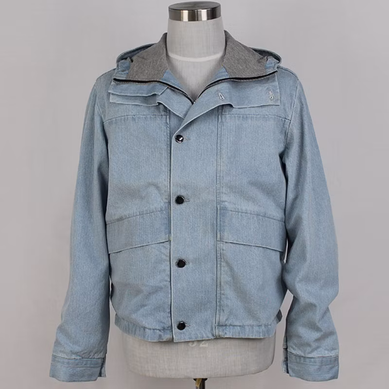 Men&prime;s Cotton Denim Light Blue Bleach Color CF Button Knit Hoodie Casual Jacket