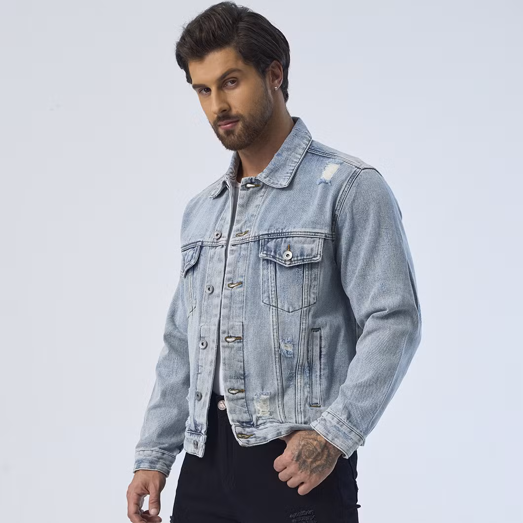 Custom Ripped Design Outerwear Denim Fabric Motorcycle Jeans Jackets for Men