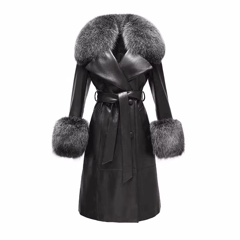 Winter Fox Fur Collar Cuffs Women Long Leather Jacket Black Genuine Sheepskin Trench Leather Fur Coats for Ladies