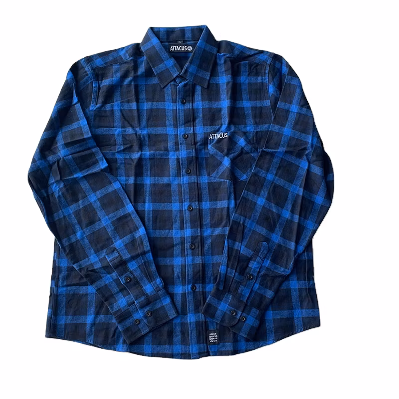 Custom Logo Color Long Sleeve Yarn Dyed Cotton Blue and Black Flannel Plaid Shirt