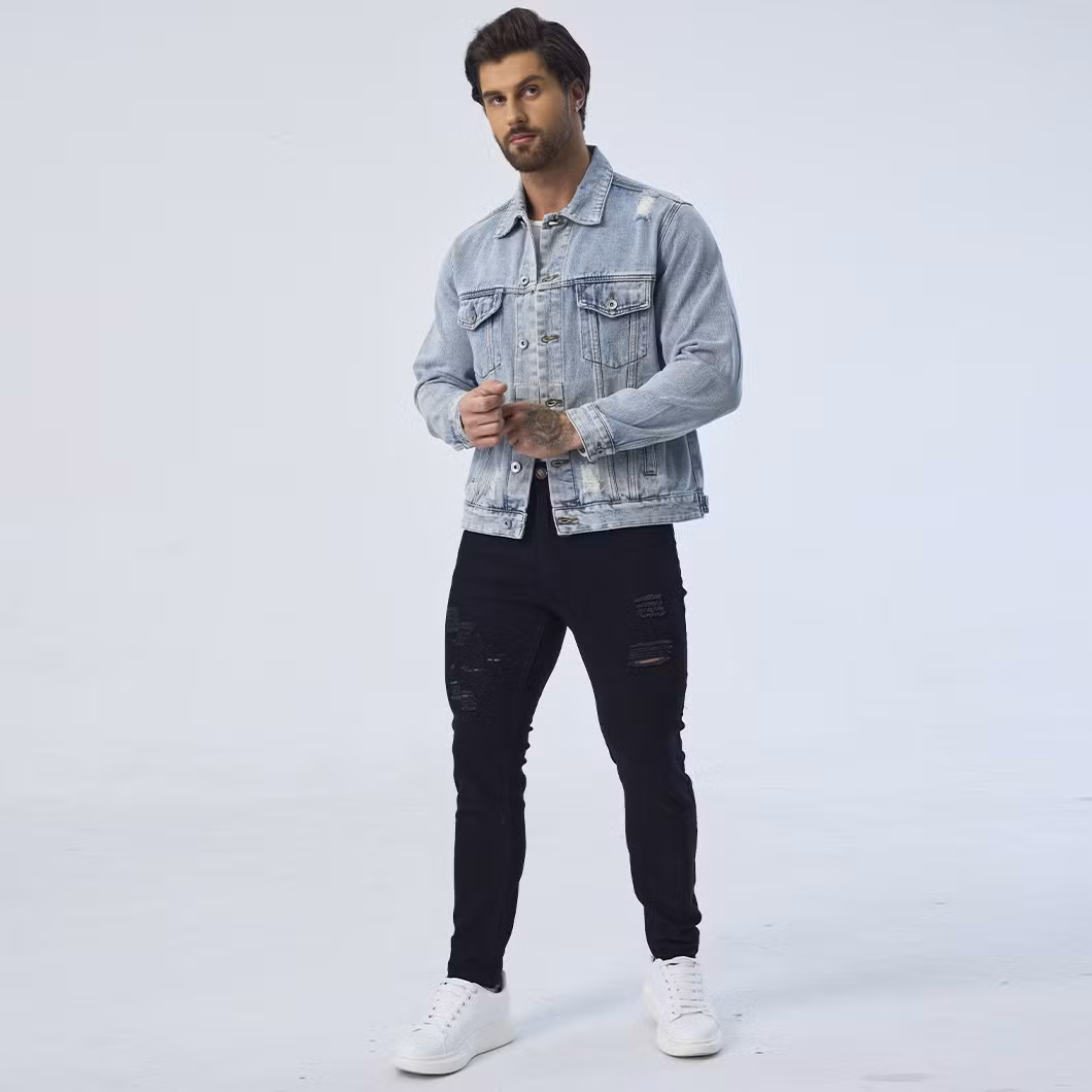 Custom Ripped Design Outerwear Denim Fabric Motorcycle Jeans Jackets for Men