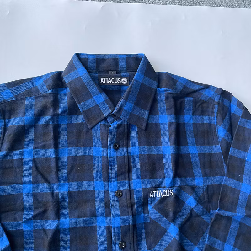 Custom Logo Color Long Sleeve Yarn Dyed Cotton Blue and Black Flannel Plaid Shirt