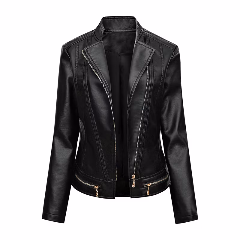 Stand Collar Loose Motorcycle PU Leather Jacket with 210t Thin Lining