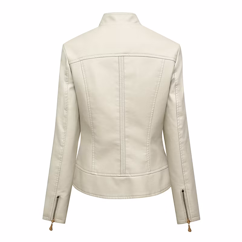 Stand Collar Loose Motorcycle PU Leather Jacket with 210t Thin Lining