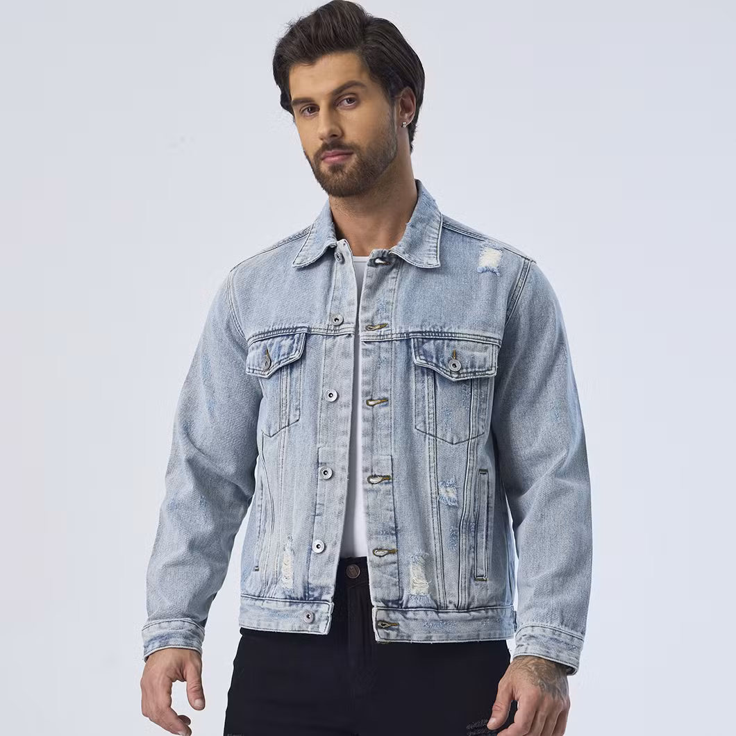 Custom Ripped Design Outerwear Denim Fabric Motorcycle Jeans Jackets for Men