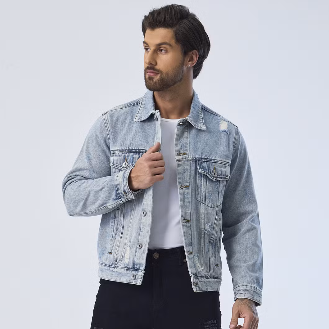 Custom Ripped Design Outerwear Denim Fabric Motorcycle Jeans Jackets for Men