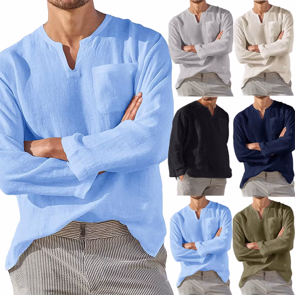 Wholesale Hot Sale Men&prime; S Long Sleeve V-Neck Leisure Beach Linen Loose Shirts for Men Custom Polo Shirt Cotton Linen Shirt Cheap Shirt