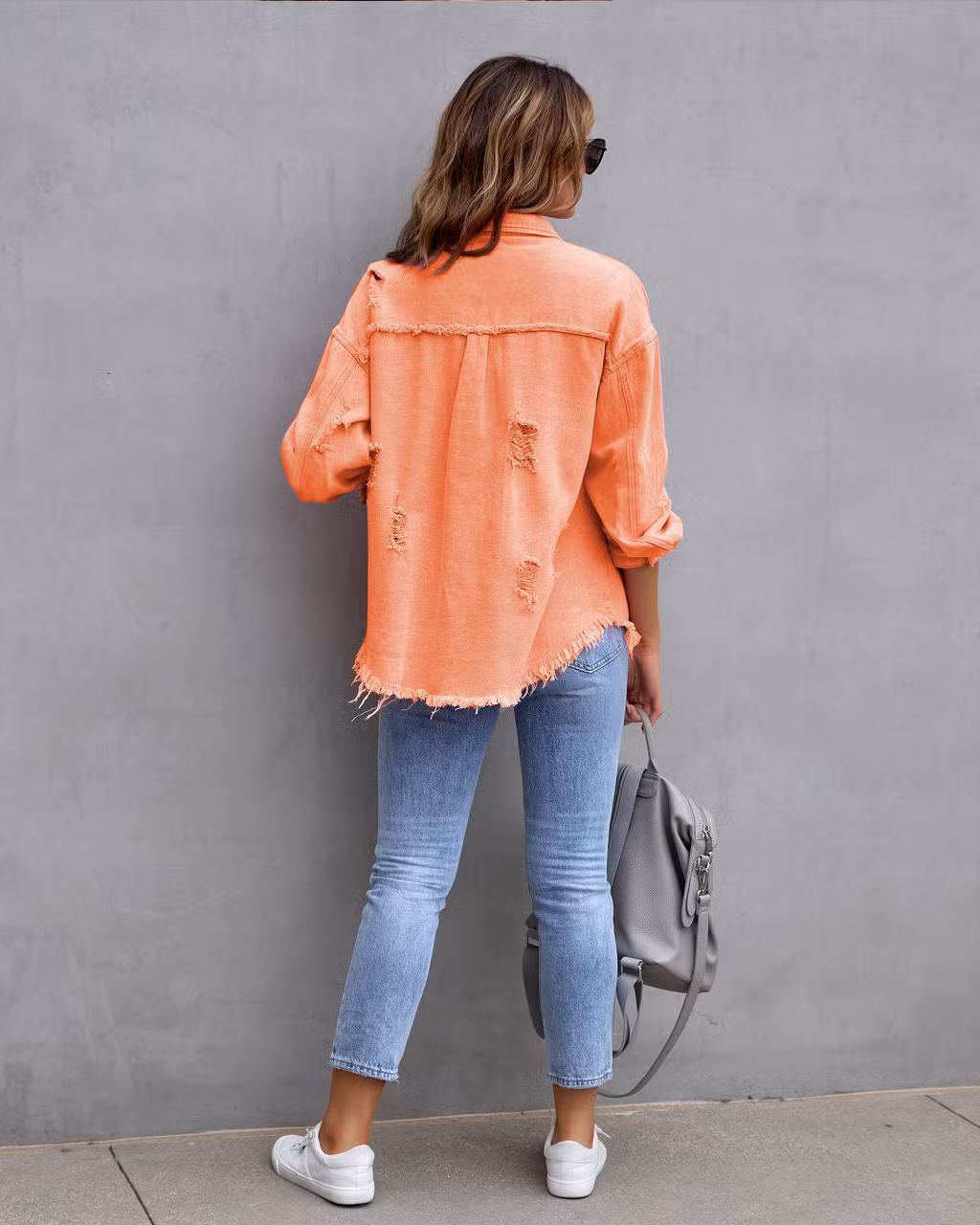 Polo Collar Long Sleeved Clothing Street Denim Tattered Shirt Lady Jacket