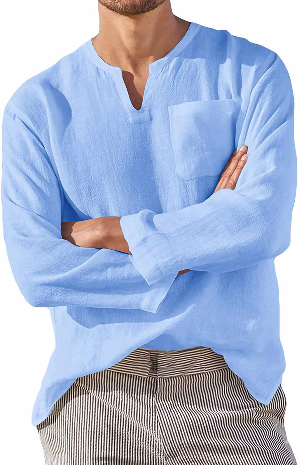 Wholesale Hot Sale Men&prime; S Long Sleeve Shirt V-Neck Leisure Beach Linen Loose Shirts for Men Custom Polo Shirt Cotton Linen Shirt Hemp Shirt