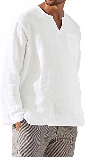 Wholesale Hot Sale Men&prime; S Long Sleeve V-Neck Leisure Beach Linen Loose Shirts for Men Custom Polo Shirt Cotton Linen Shirt Cheap Shirt