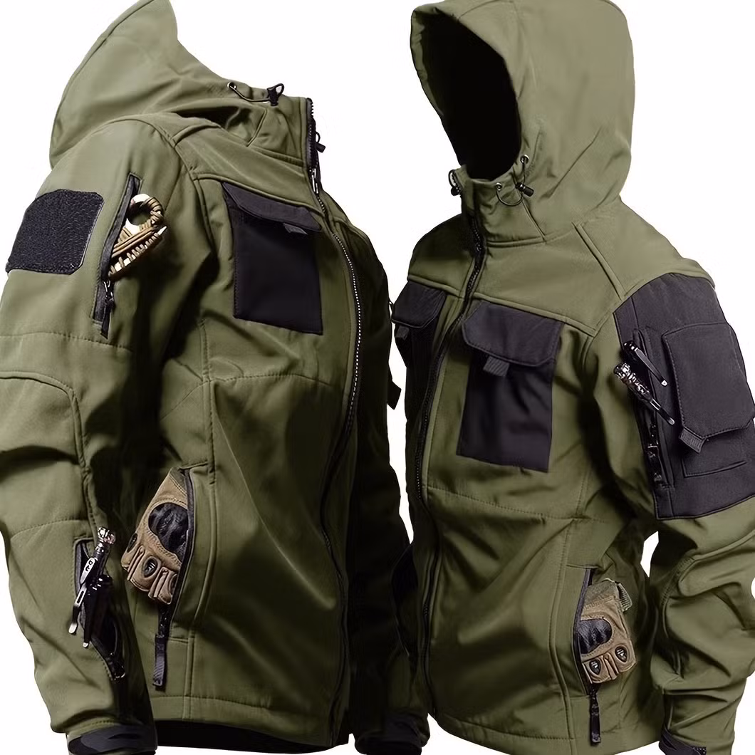 Green/Black/Grey Men&prime;s Windproof Long Sleeve Hooded Zip up Jacket with Multi-Pocket Combat Tactical Hoody Outwear Coat for Outdoor Hiking Camping Fishing