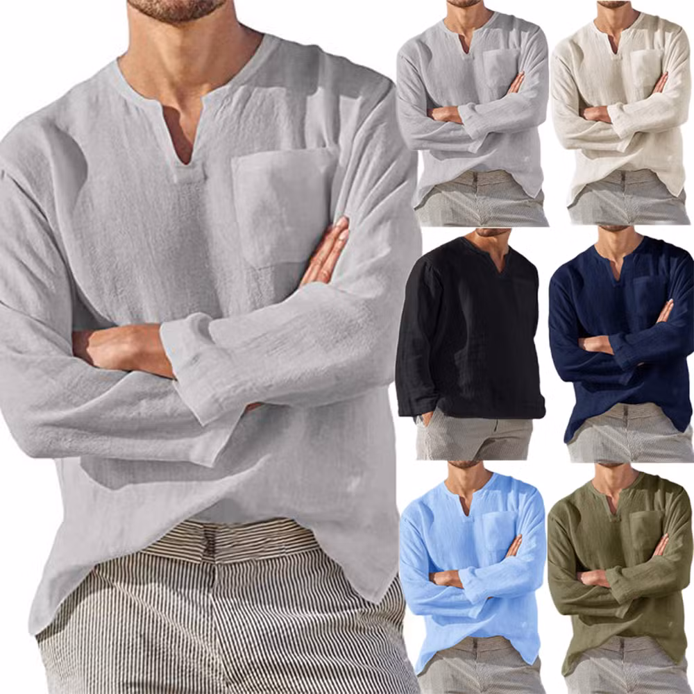 Wholesale Hot Sale Men&prime; S Long Sleeve Shirt V-Neck Leisure Beach Linen Loose Shirts for Men Custom Polo Shirt Cotton Linen Shirt Hemp Shirt