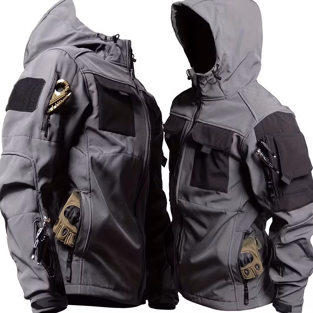 Green/Black/Grey Men&prime;s Windproof Long Sleeve Hooded Zip up Jacket with Multi-Pocket Combat Tactical Hoody Outwear Coat for Outdoor Hiking Camping Fishing