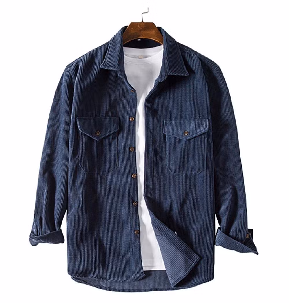 Custom 100% Cotton Corduroy Mens Long Sleeve Vintage Style Two Pocket Casual Dress Shirt