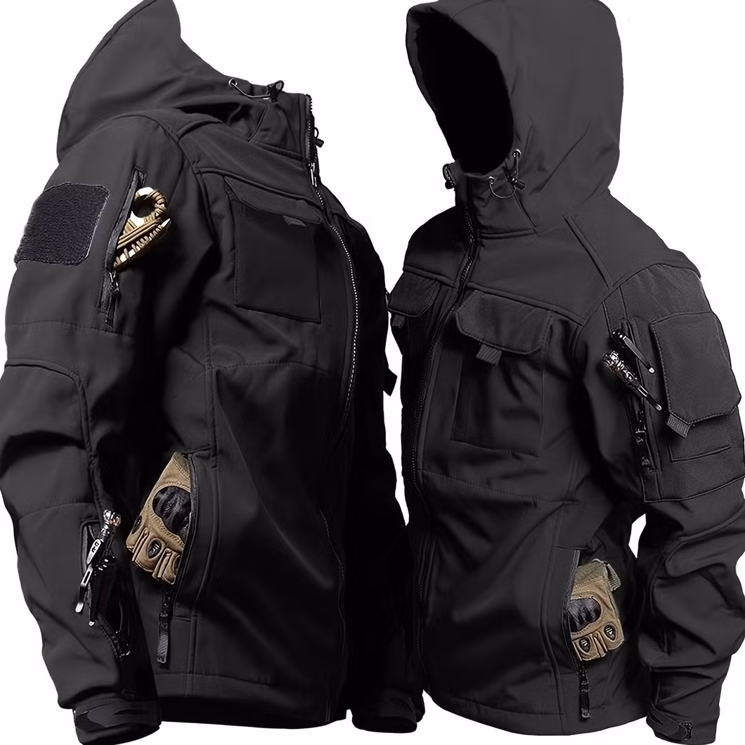 Green/Black/Grey Men&prime;s Windproof Long Sleeve Hooded Zip up Jacket with Multi-Pocket Combat Tactical Hoody Outwear Coat for Outdoor Hiking Camping Fishing