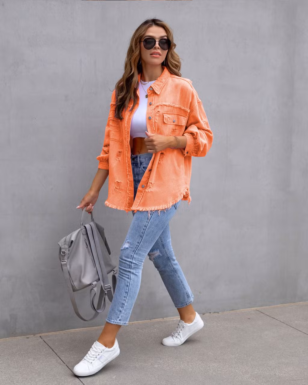 Polo Collar Long Sleeved Clothing Street Denim Tattered Shirt Lady Jacket