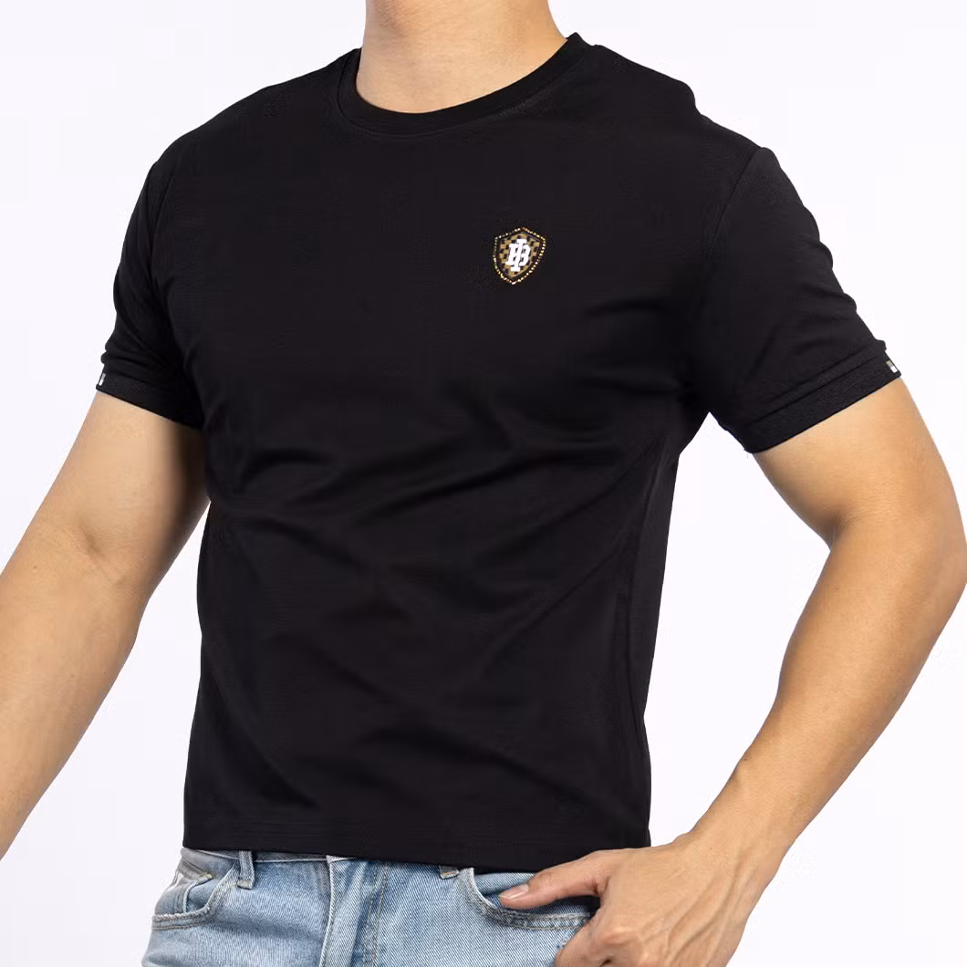 Custom Knitted Black Cotton Male Top Tee Logo Embroidery Short Sleeve Men T-Shirts