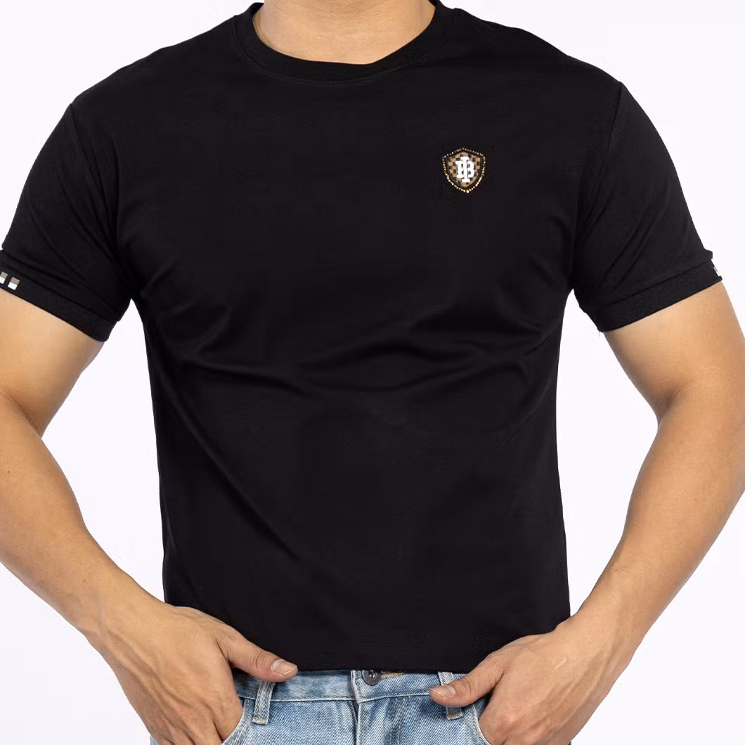 Custom Knitted Black Cotton Male Top Tee Logo Embroidery Short Sleeve Men T-Shirts