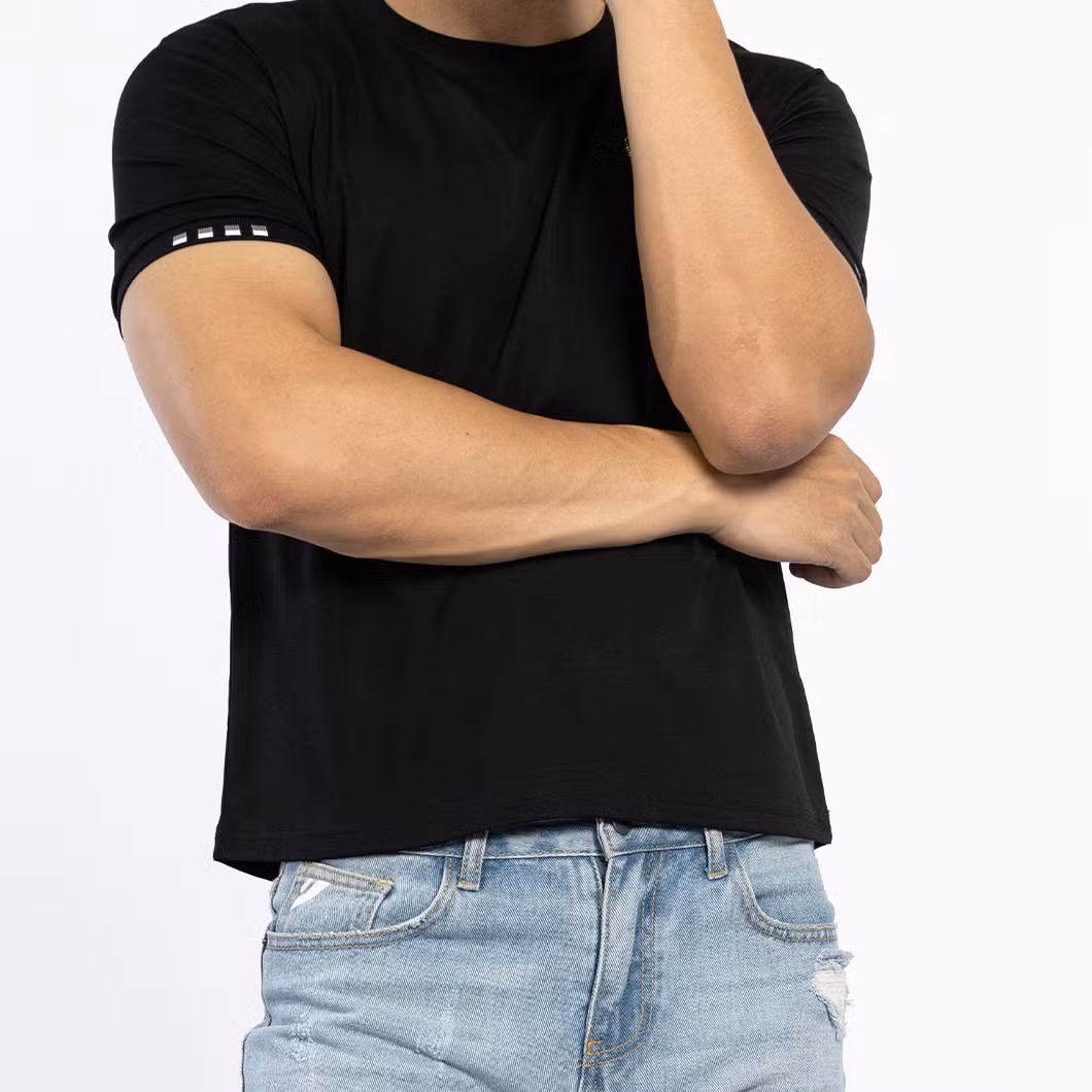 Custom Knitted Black Cotton Male Top Tee Logo Embroidery Short Sleeve Men T-Shirts