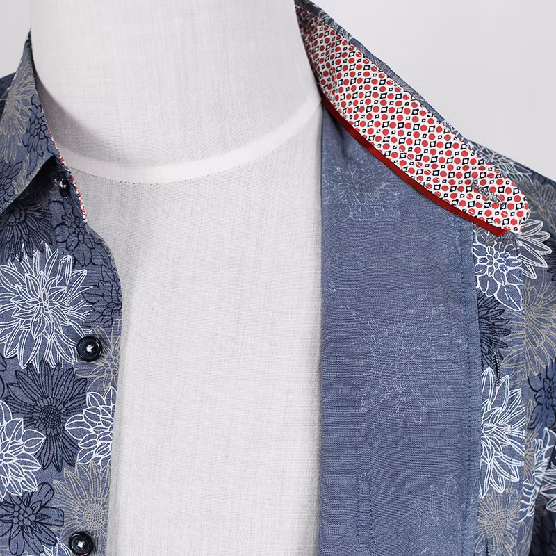 China Wholesale Supplier Men&prime;s Floral Print Navy Contrast Inside Collar Light Weight CVC Short Sleeve Shirt