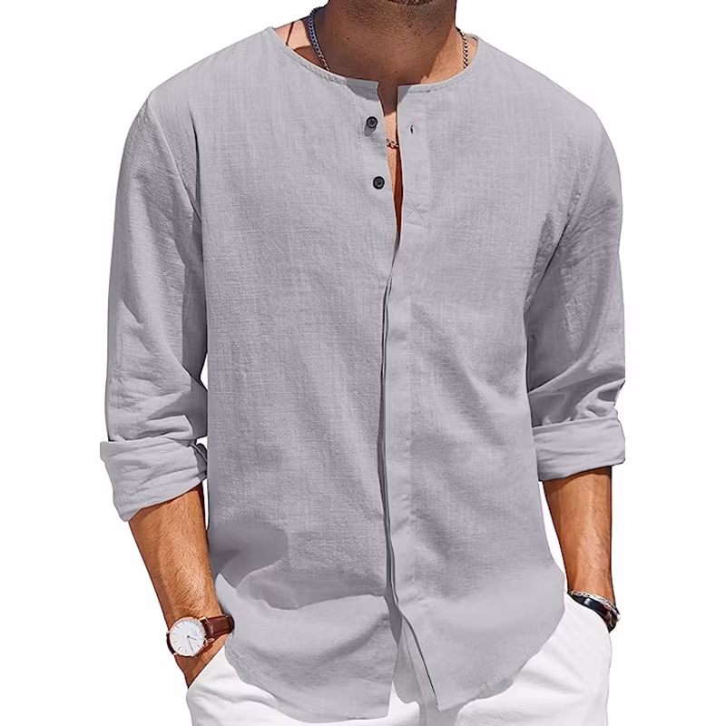 Men&prime;s Classic Wholesale Vintage Solid Cotton and Linen Blouse Round Neck T-Shirt Button Down Long Sleeve Casual Beach Shirt