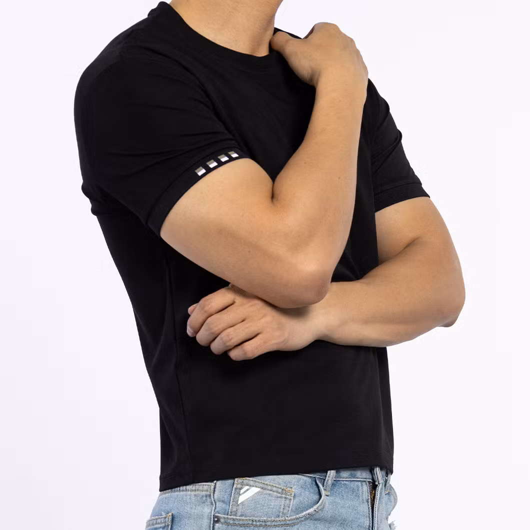 Custom Knitted Black Cotton Male Top Tee Logo Embroidery Short Sleeve Men T-Shirts