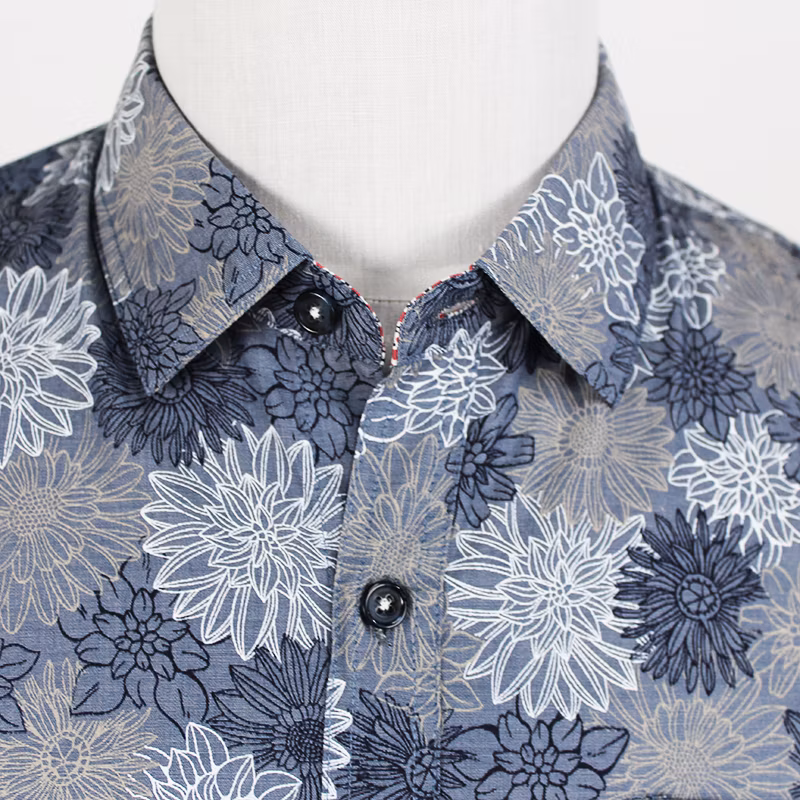 China Wholesale Supplier Men&prime;s Floral Print Navy Contrast Inside Collar Light Weight CVC Short Sleeve Shirt
