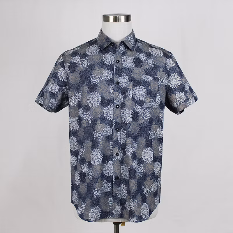 China Wholesale Supplier Men&prime;s Floral Print Navy Contrast Inside Collar Light Weight CVC Short Sleeve Shirt