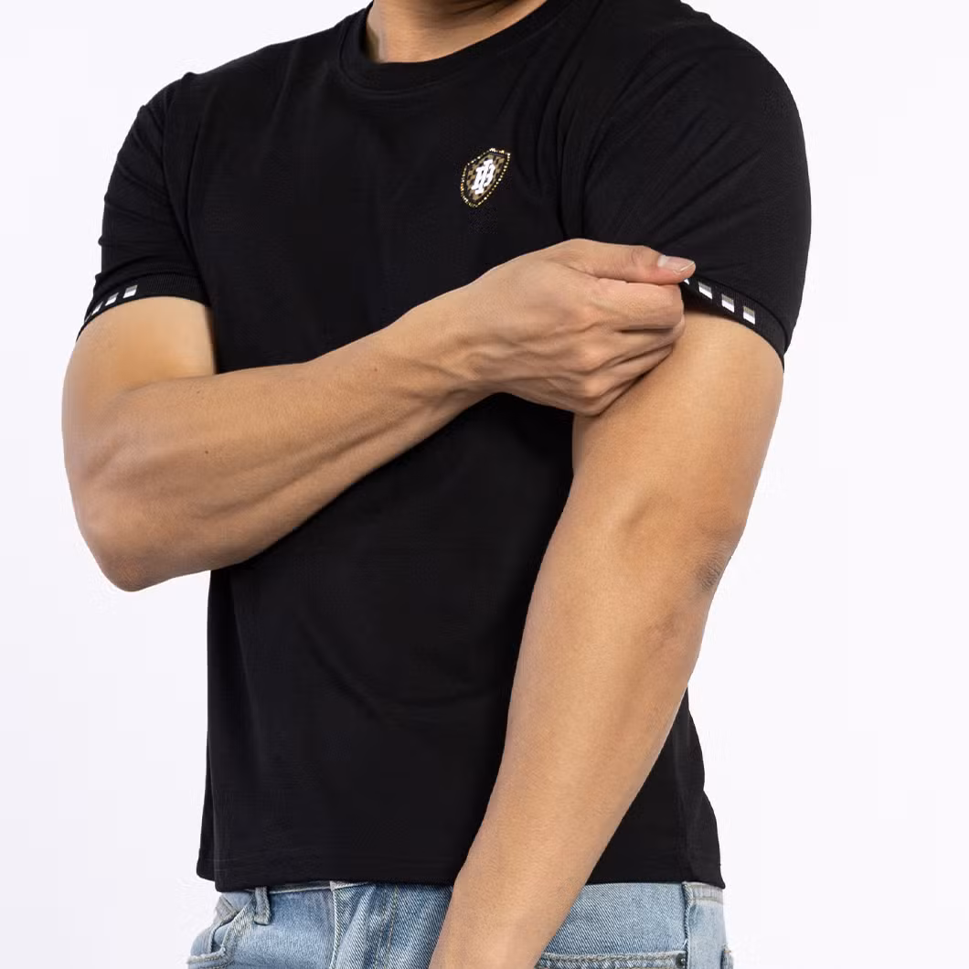 Custom Knitted Black Cotton Male Top Tee Logo Embroidery Short Sleeve Men T-Shirts