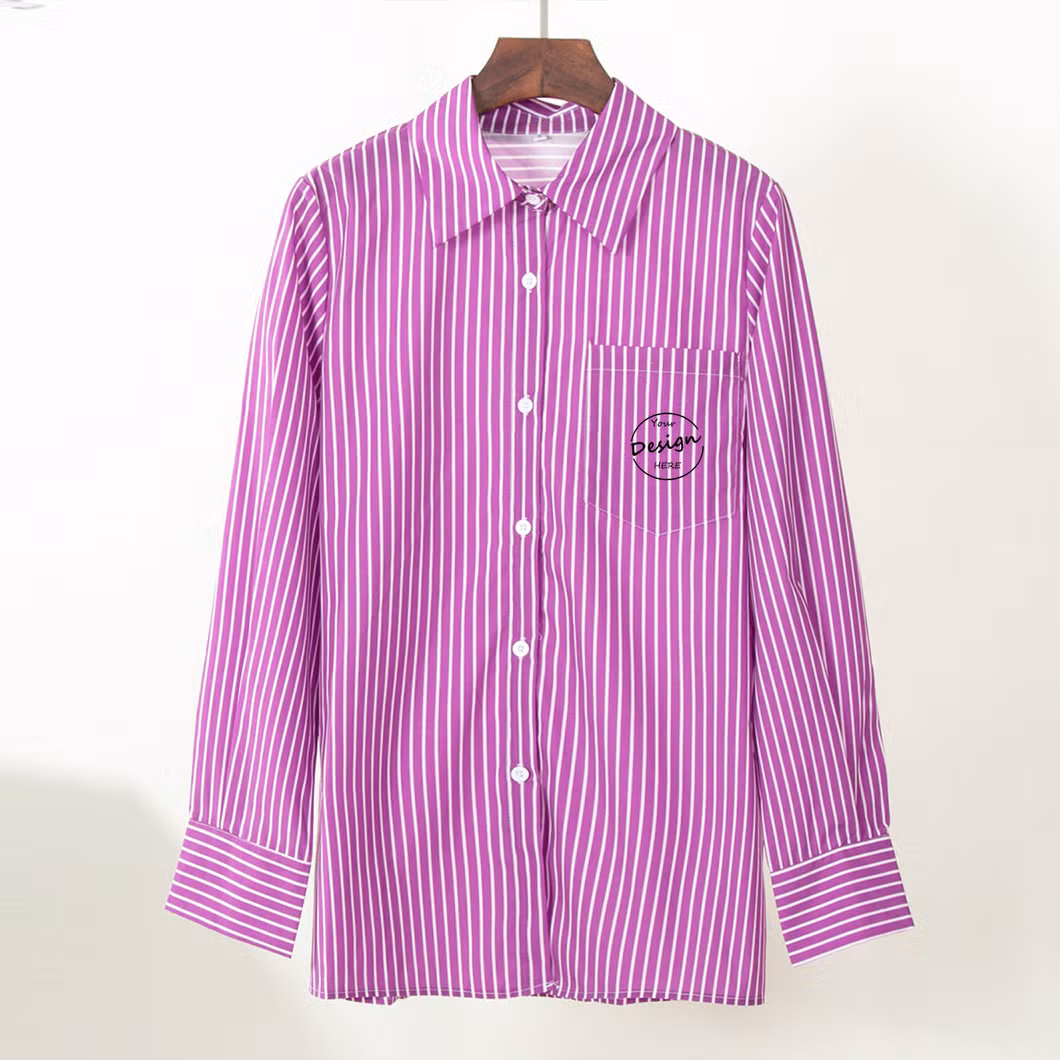 Striped Print Blue and White Color Long Sleeve Turn Down Collar Casual Shirts for Women Custom Embroidery Logo