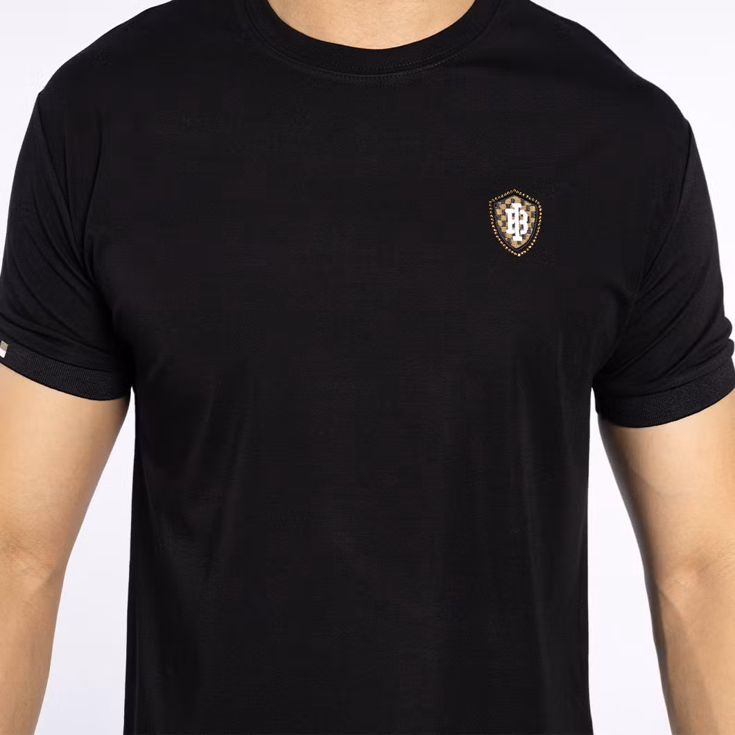 Custom Knitted Black Cotton Male Top Tee Logo Embroidery Short Sleeve Men T-Shirts