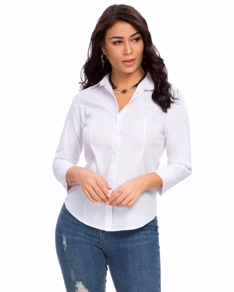 Custom Womens Button Down Shirts Official Formal 3/4 Sleeve Blouse Summer Dress Shirt