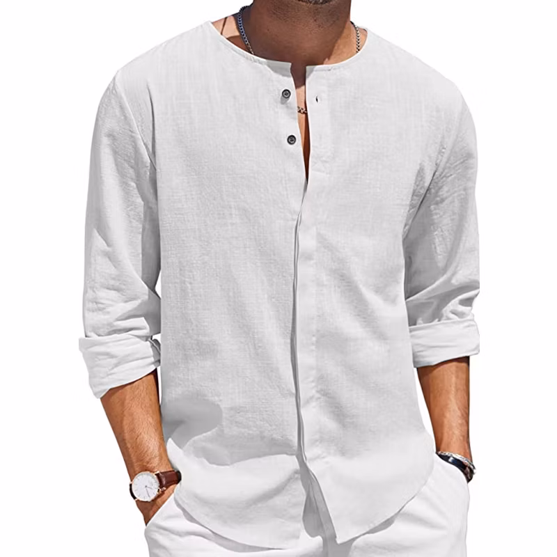 Men&prime;s Classic Wholesale Vintage Solid Cotton and Linen Blouse Round Neck T-Shirt Button Down Long Sleeve Casual Beach Shirt